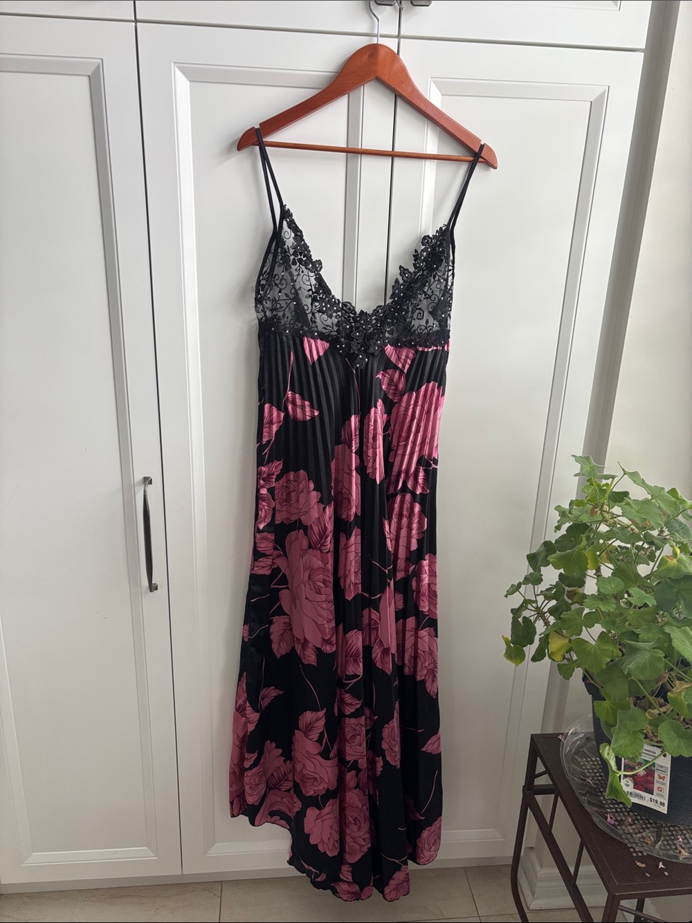 Floral Lace-Trim Slip Dress in Black & Pink